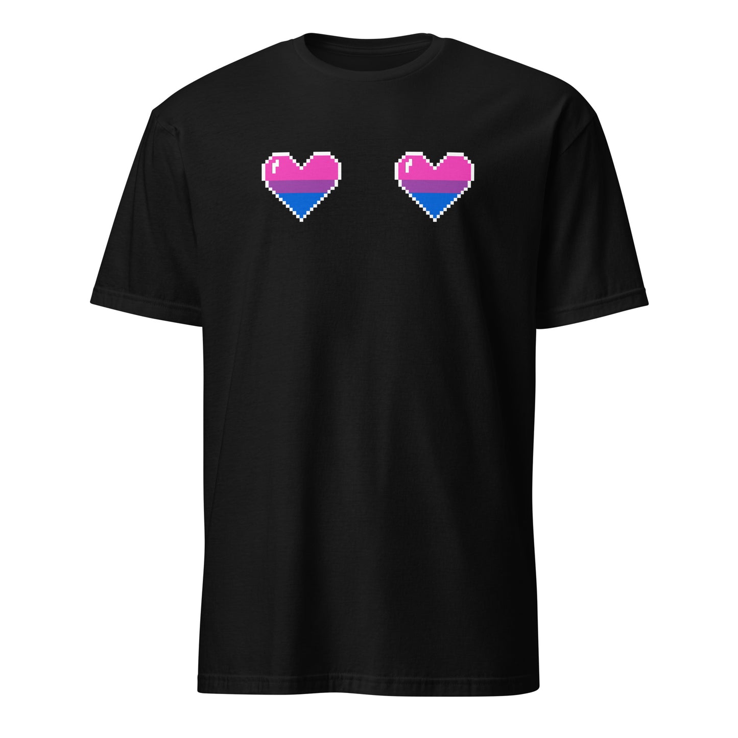 Black t-shirt with pixelated bi pride hearts on a white background