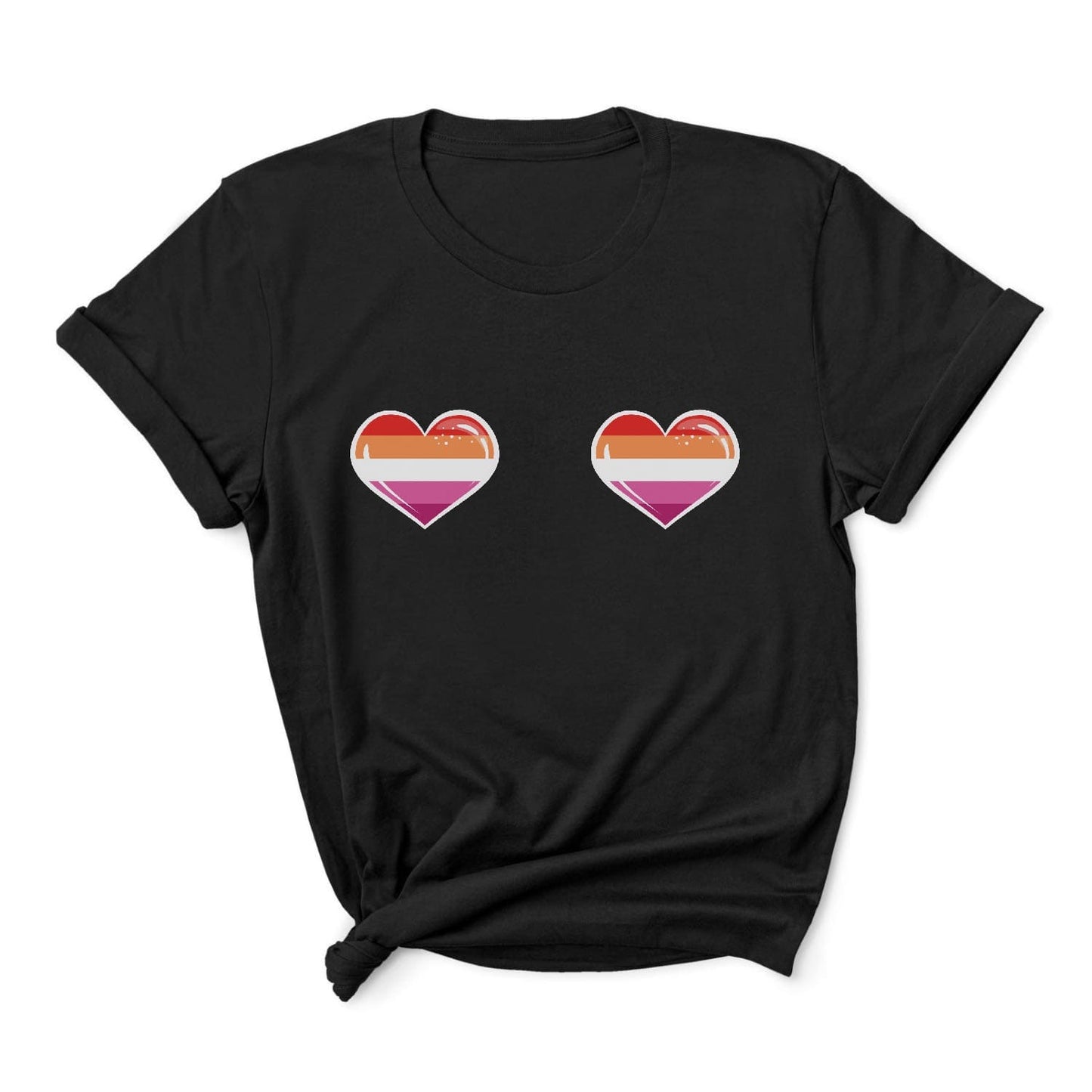 Black lesbian t-shirt with two sunset wlw love hearts on a white background