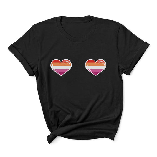 Black lesbian  t-shirt with two sunset wlw love hearts on a white background