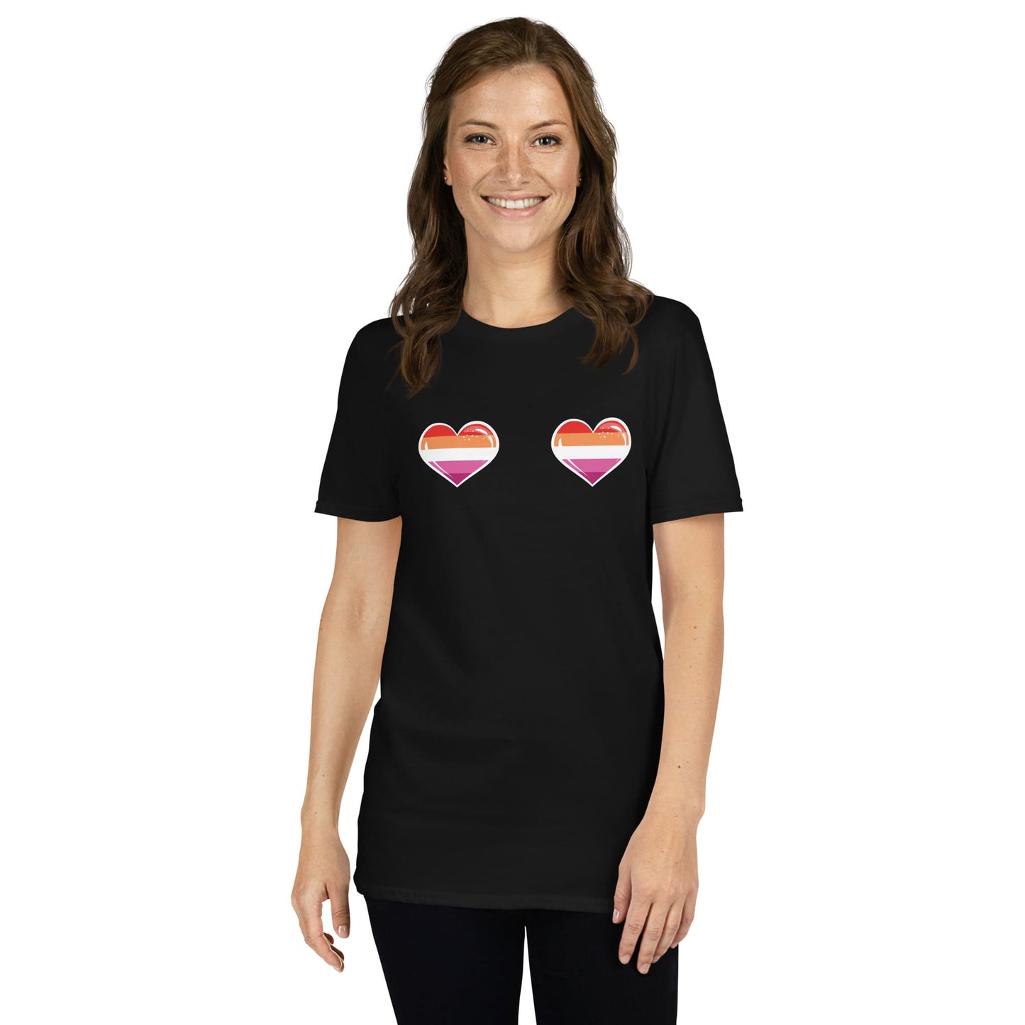 Woman wearing a cheesy lesbian black t-shirt with heart designs on a white background
