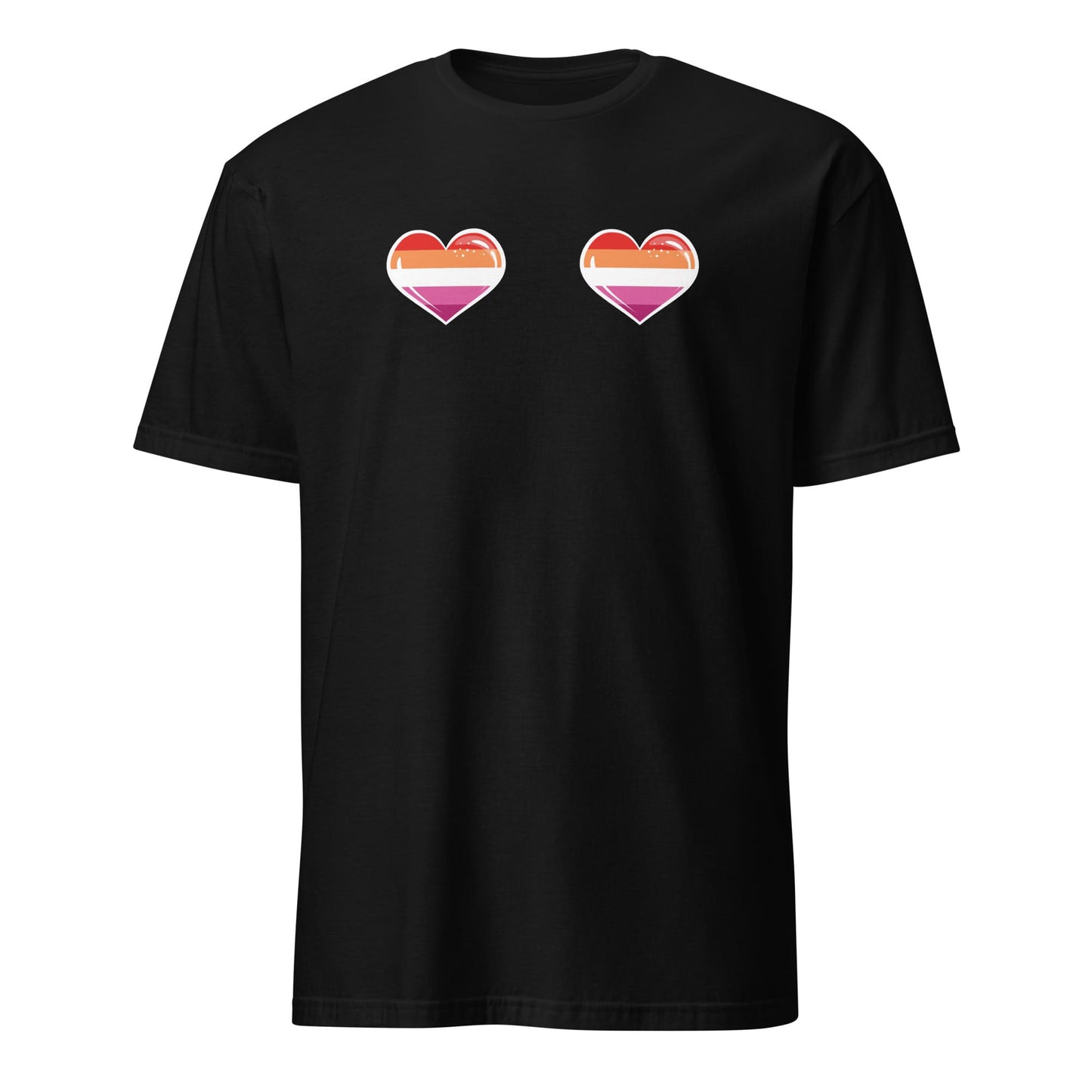 Black WLW t-shirt with lesbian sunset heart design on a white background