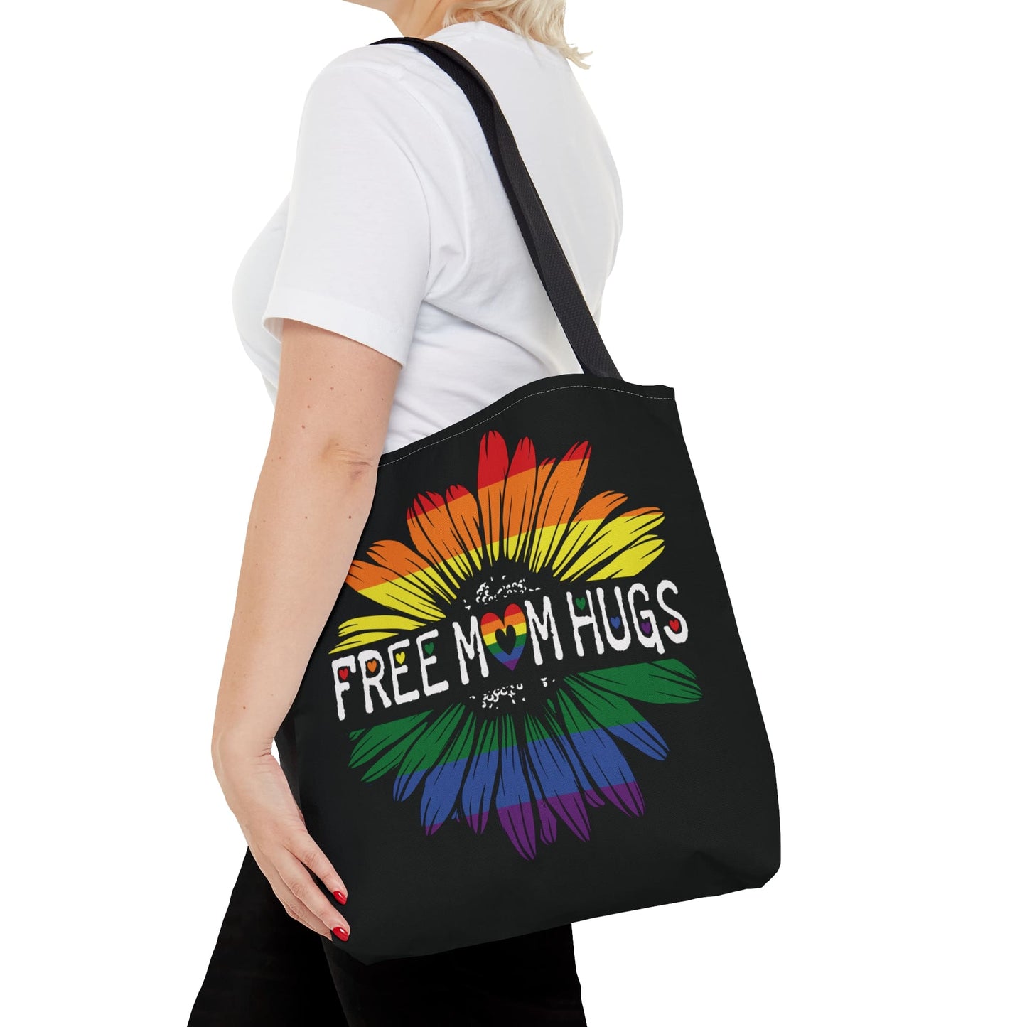LGBT ally tote bag, free mom hugs rainbow pride bag, medium