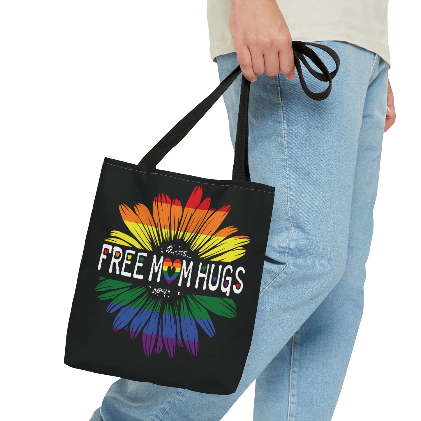 LGBT ally tote bag, free mom hugs rainbow pride bag, small