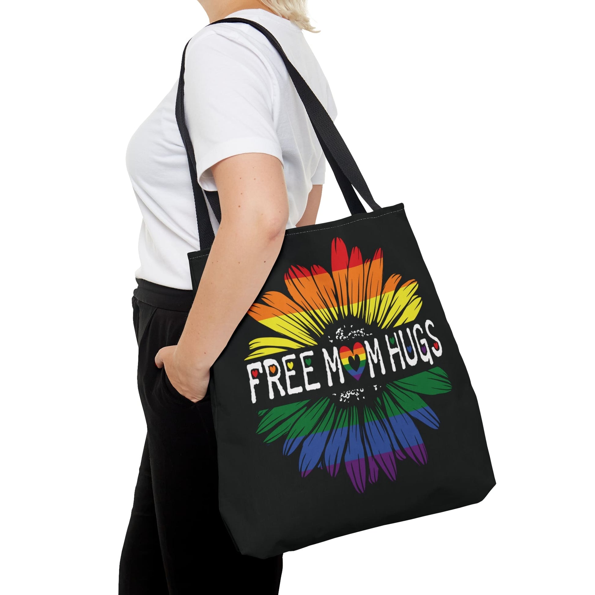 LGBT ally tote bag, free mom hugs rainbow pride bag, large