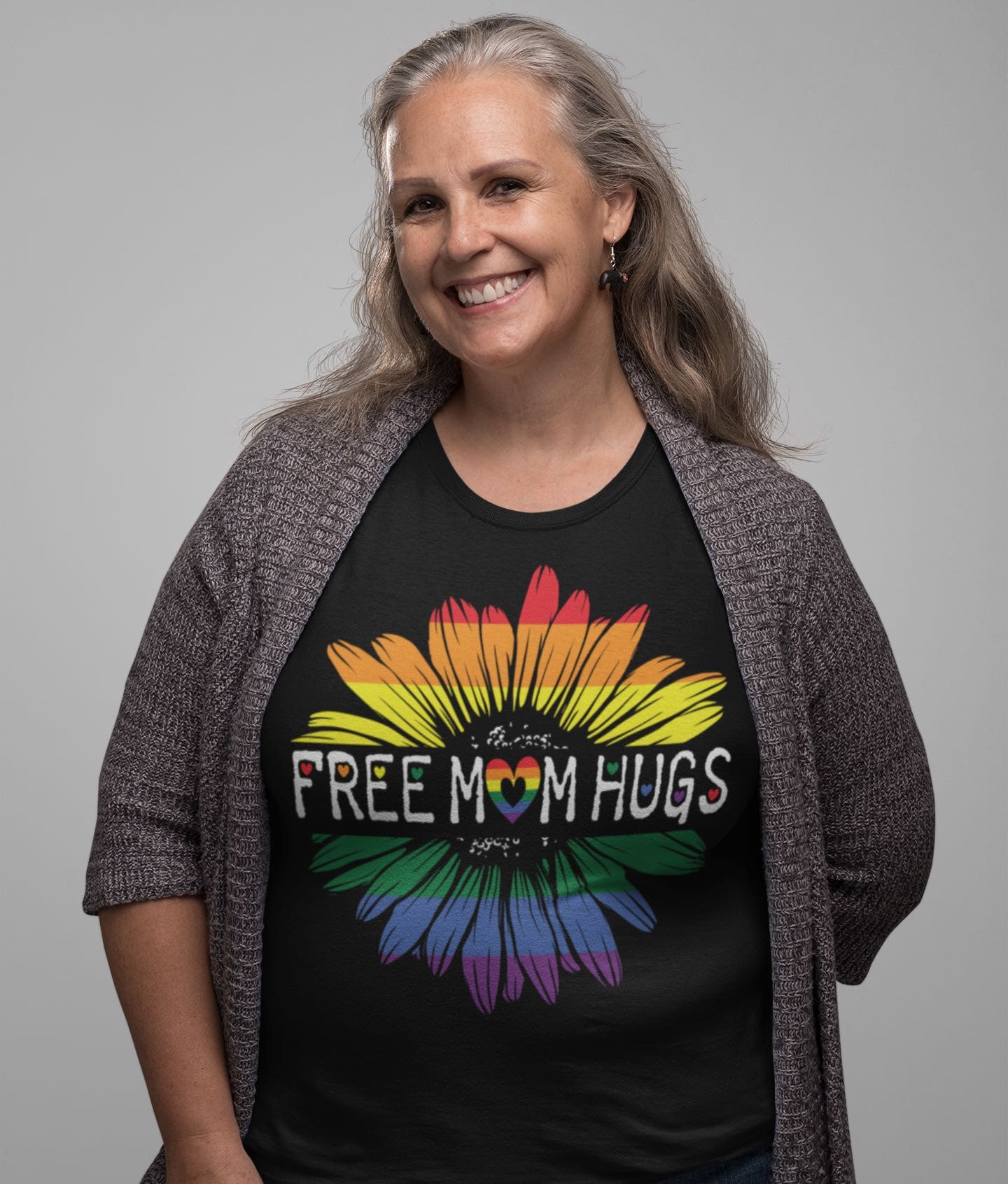 LGBTQ ally shirt, free mom hugs rainbow pride, in use