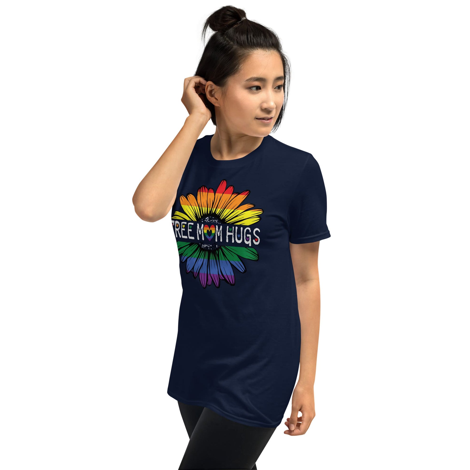 LGBTQ ally shirt, free mom hugs rainbow pride, model navy