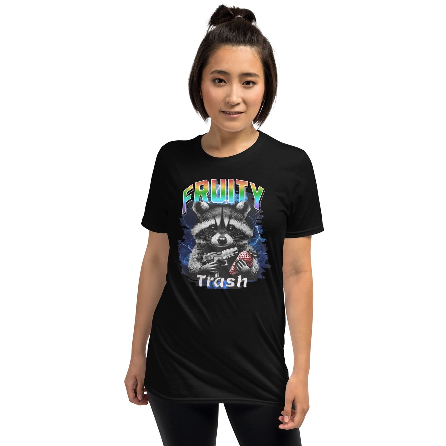Person wearing a black gay bootleg t-shirt with a fruity raccoon and text on a white background