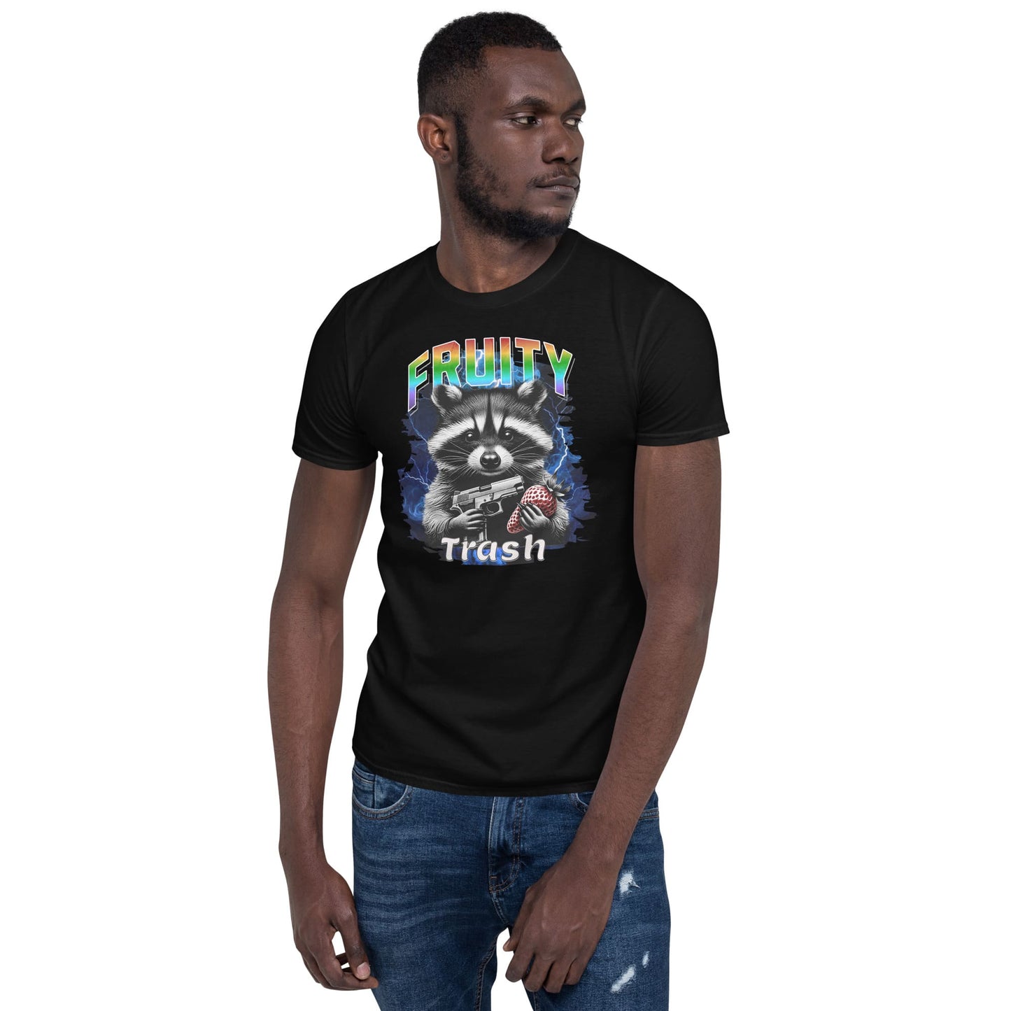 Person wearing a black y2k bootleg t-shirt with a graphic design of a raccoon holding a gun and the text 'Fruity Trash' on a white background.
