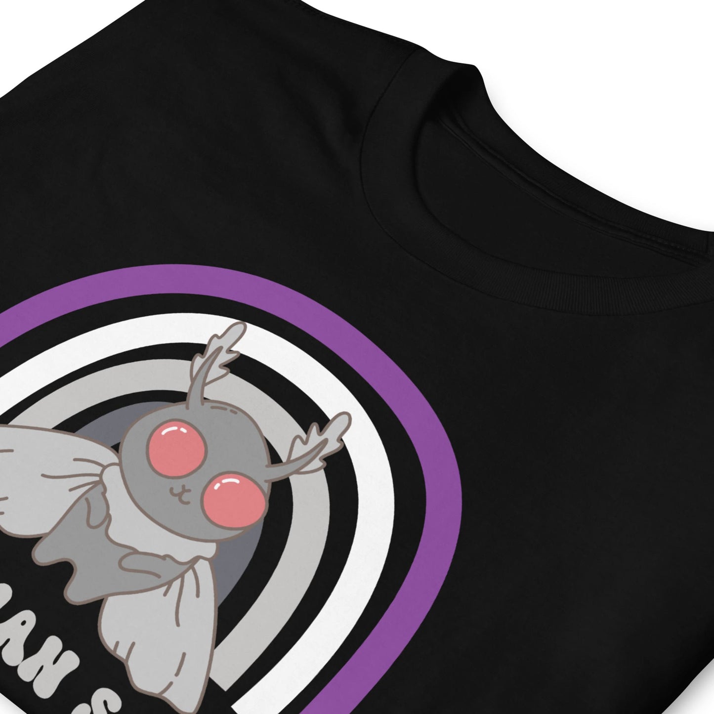 Black t-shirt with a cartoon character and purple circle design on a white background: Asexual Mothman Shirt, Funny Ace Pride Cryptid Tee, Folklore Mythology T-Shirt, Queer Cryptozoology Gift, Cryptidcore Weird Stuff, LGBTQ
