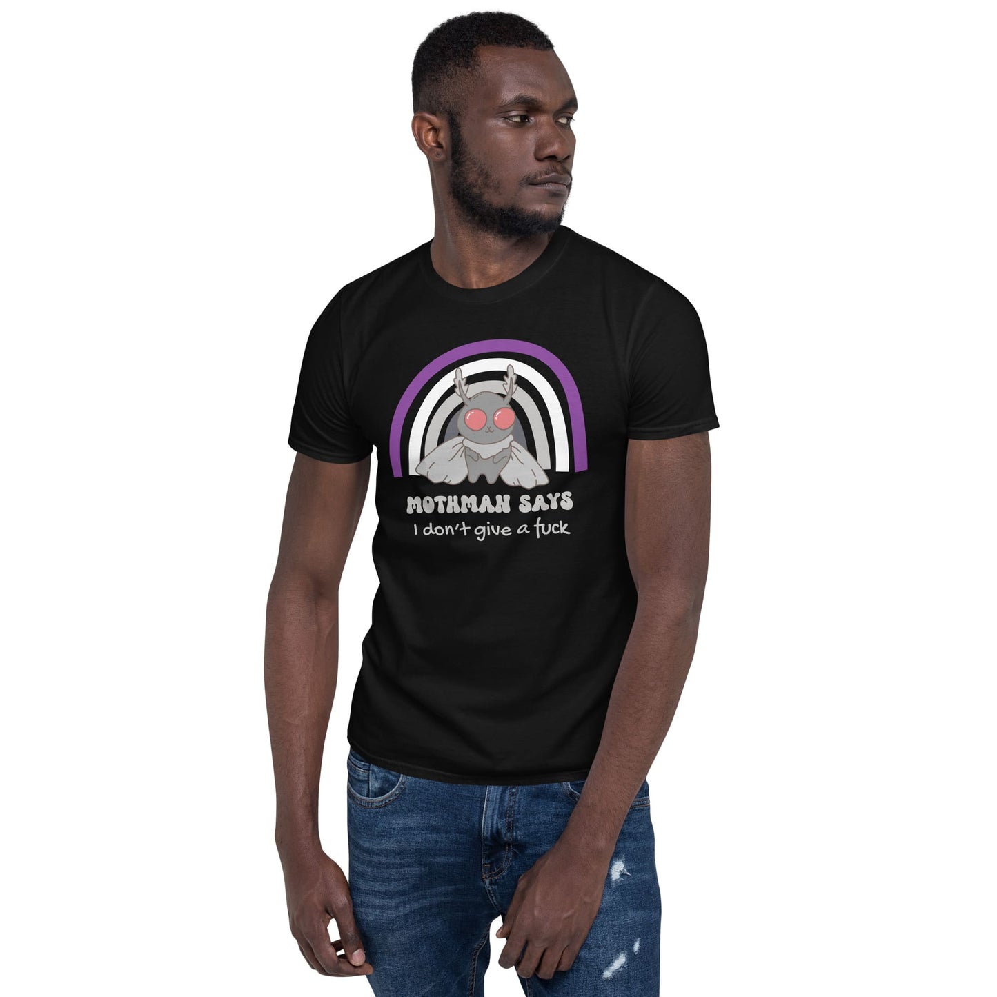 Man wearing a black t-shirt with a graphic design and text on a white background: Asexual Mothman Shirt, Funny Ace Pride Cryptid Tee, Folklore Mythology T-Shirt, Queer Cryptozoology Gift, Cryptidcore Weird Stuff, LGBTQ