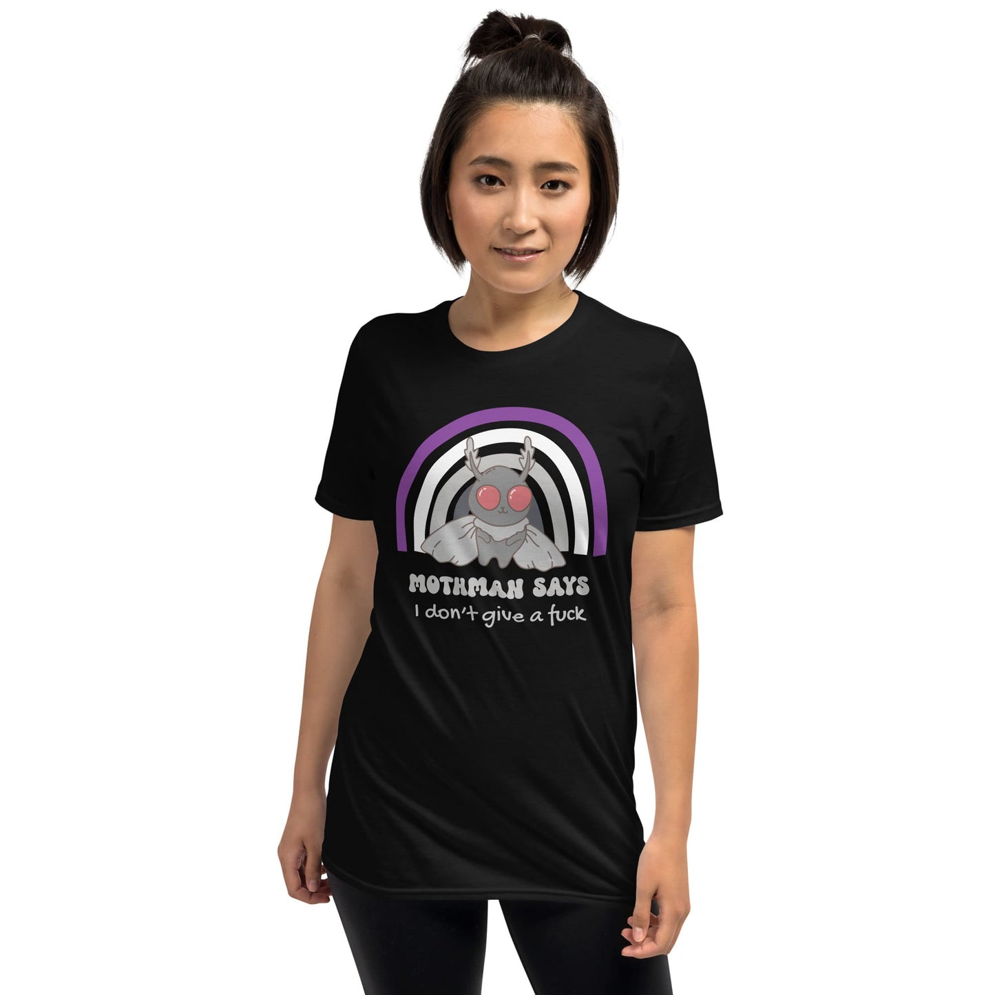 Person wearing a black t-shirt with a graphic design and text on a white background: Asexual Mothman Shirt, Funny Ace Pride Cryptid Tee, Folklore Mythology T-Shirt, Queer Cryptozoology Gift, Cryptidcore Weird Stuff, LGBTQ