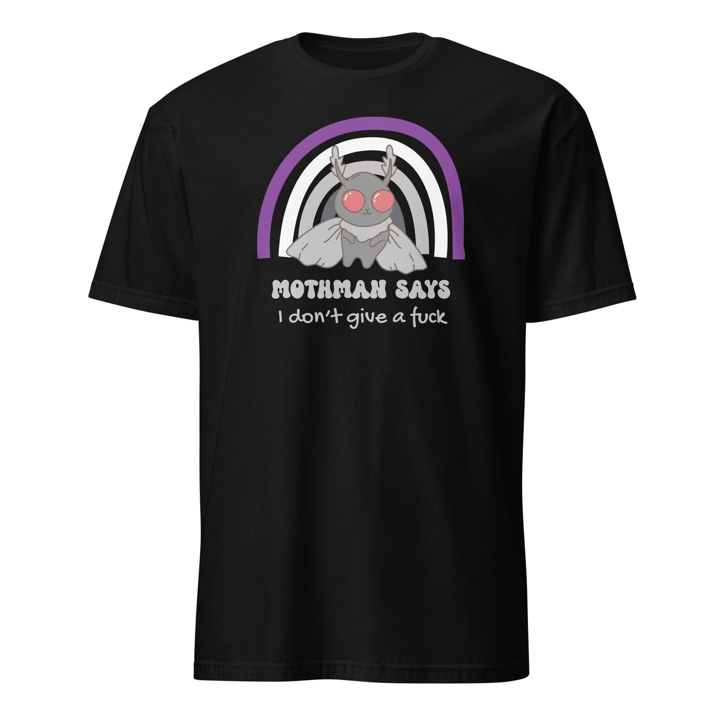 Black t-shirt with a graphic of Mothman and ace rainbow, featuring text on a white background: Asexual Mothman Shirt, Funny Ace Pride Cryptid Tee, Folklore Mythology T-Shirt, Queer Cryptozoology Gift, Cryptidcore Weird Stuff, LGBTQ