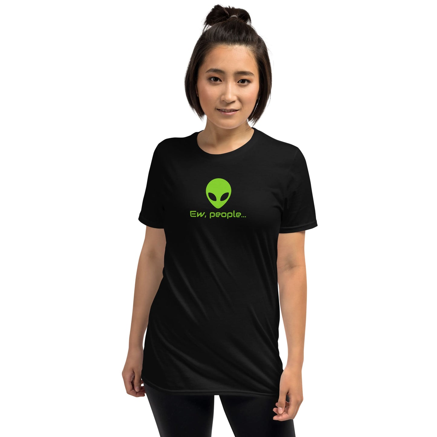 Person wearing a black t-shirt with a green alien graphic and text on a white background: Funny Alien Shirt, Ew People Introvert Tee, Anxiety Shirt, Antisocial Sci-Fi Fans T-Shirt, Awkward Homebody, I hate People