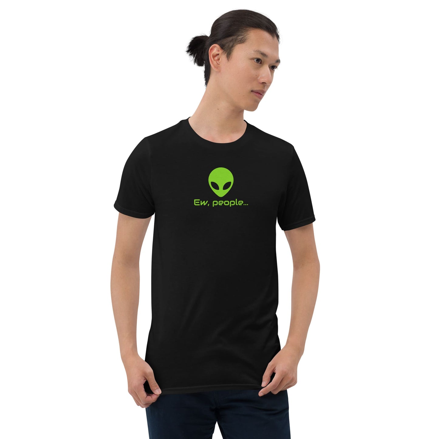 Person wearing a black t-shirt with a green alien graphic and text on a white background: Funny Alien Shirt, Ew People Introvert Tee, Anxiety Shirt, Antisocial Sci-Fi Fans T-Shirt, Awkward Homebody, I hate People
