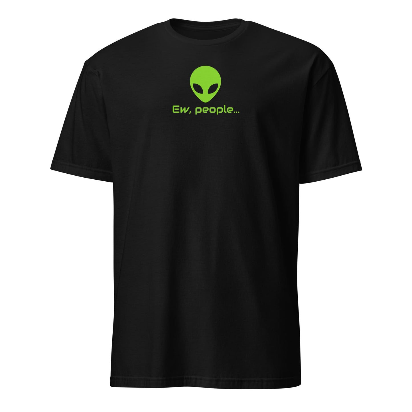 Black t-shirt with green alien graphic and text on a white background: Funny Alien Shirt, Ew People Introvert Tee, Anxiety Shirt, Antisocial Sci-Fi Fans T-Shirt, Awkward Homebody, I hate People