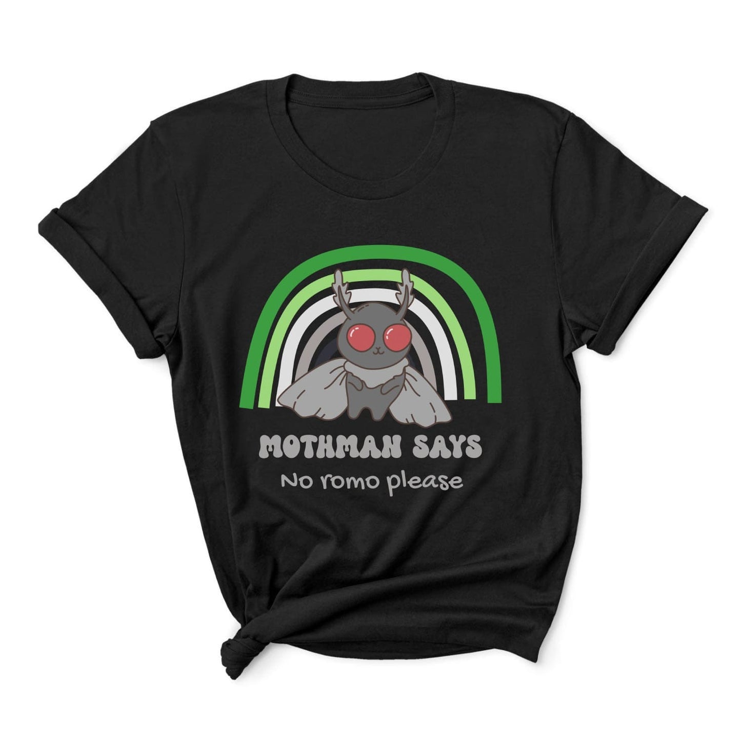 Black t-shirt with a graphic of Mothman and a rainbow, text 'Mothman says no romo please' on a white background: Aromantic Mothman Shirt, Funny Aro Pride Cryptid Tee, Folklore Mythology T-Shirt, Queer Cryptozoology Gift, Cryptidcore Weird Stuff, LGBTQ