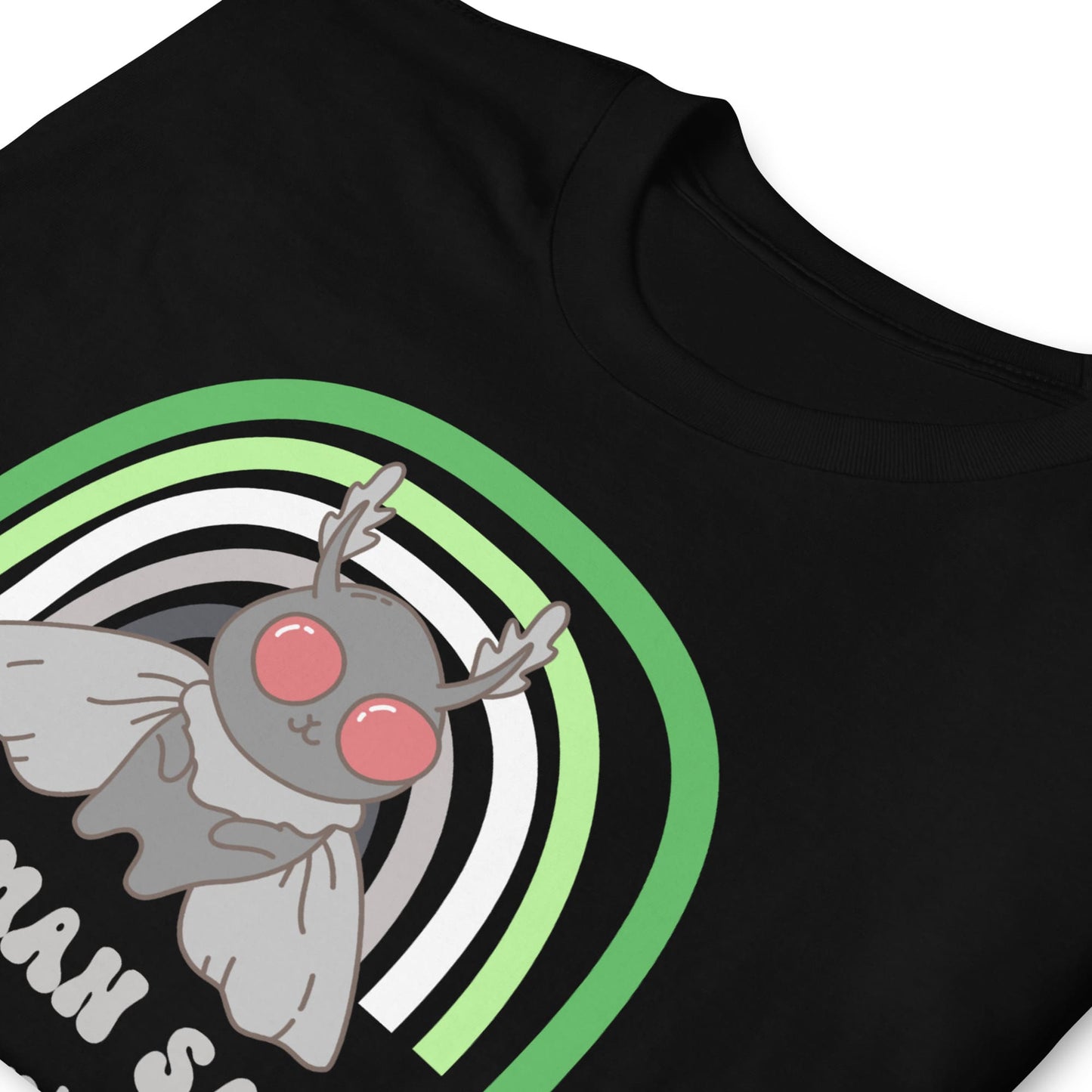 Black t-shirt with a cartoon character and colorful design on a white background: Aromantic Mothman Shirt, Funny Aro Pride Cryptid Tee, Folklore Mythology T-Shirt, Queer Cryptozoology Gift, Cryptidcore Weird Stuff, LGBTQ