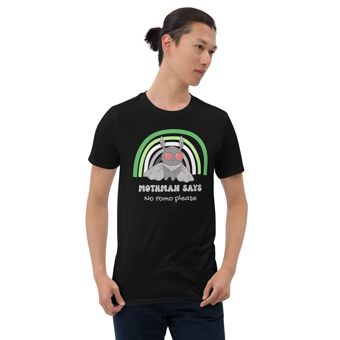 Person wearing a black t-shirt with a graphic design and text on a white background: Aromantic Mothman Shirt, Funny Aro Pride Cryptid Tee, Folklore Mythology T-Shirt, Queer Cryptozoology Gift, Cryptidcore Weird Stuff, LGBTQ