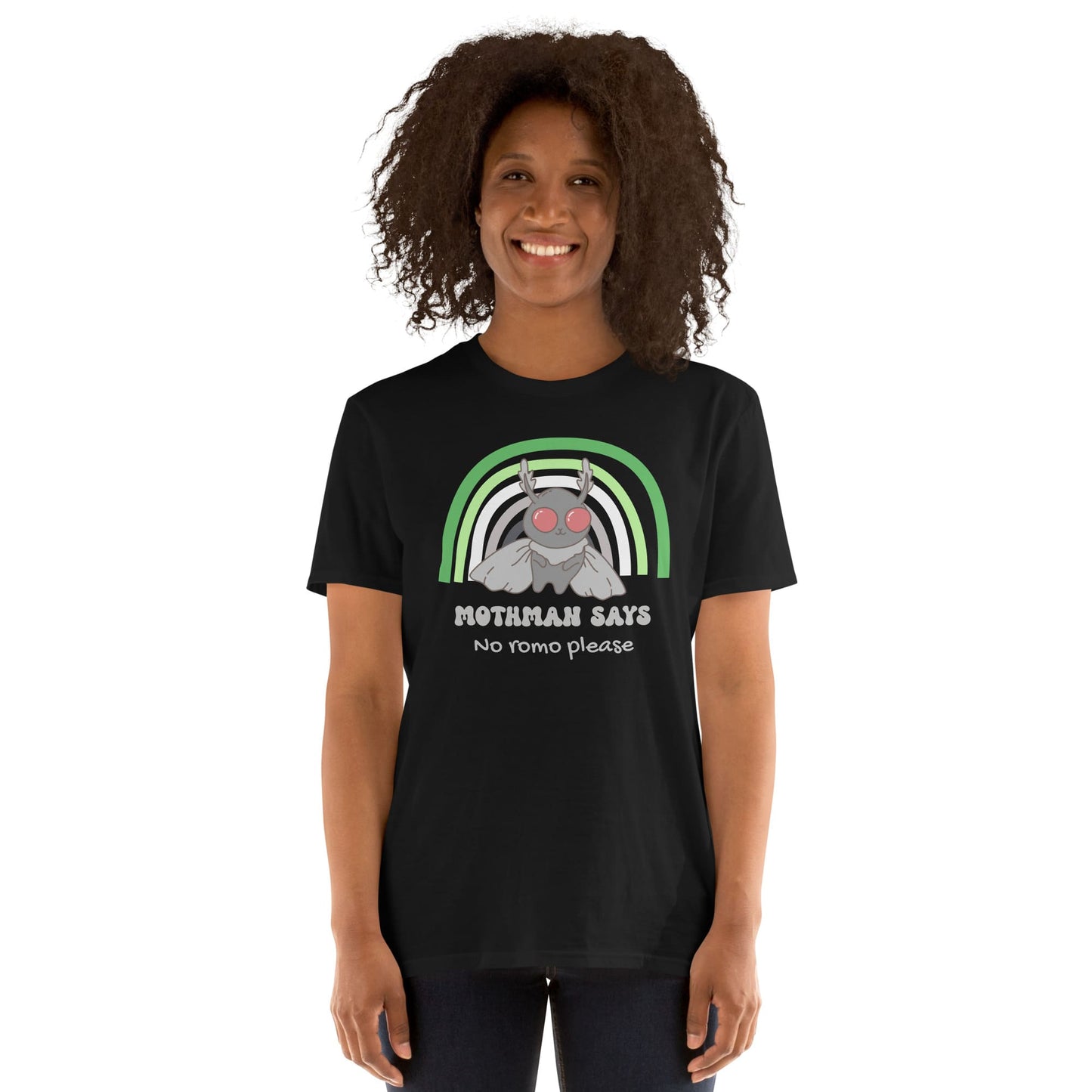 Person wearing a black t-shirt with a graphic design and text on a white background: Aromantic Mothman Shirt, Funny Aro Pride Cryptid Tee, Folklore Mythology T-Shirt, Queer Cryptozoology Gift, Cryptidcore Weird Stuff, LGBTQ