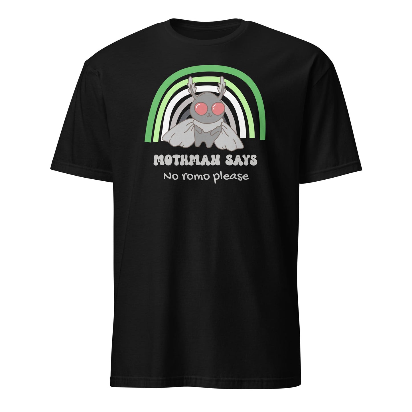 Black t-shirt with Mothman graphic and text on a white background: Aromantic Mothman Shirt, Funny Aro Pride Cryptid Tee, Folklore Mythology T-Shirt, Queer Cryptozoology Gift, Cryptidcore Weird Stuff, LGBTQ