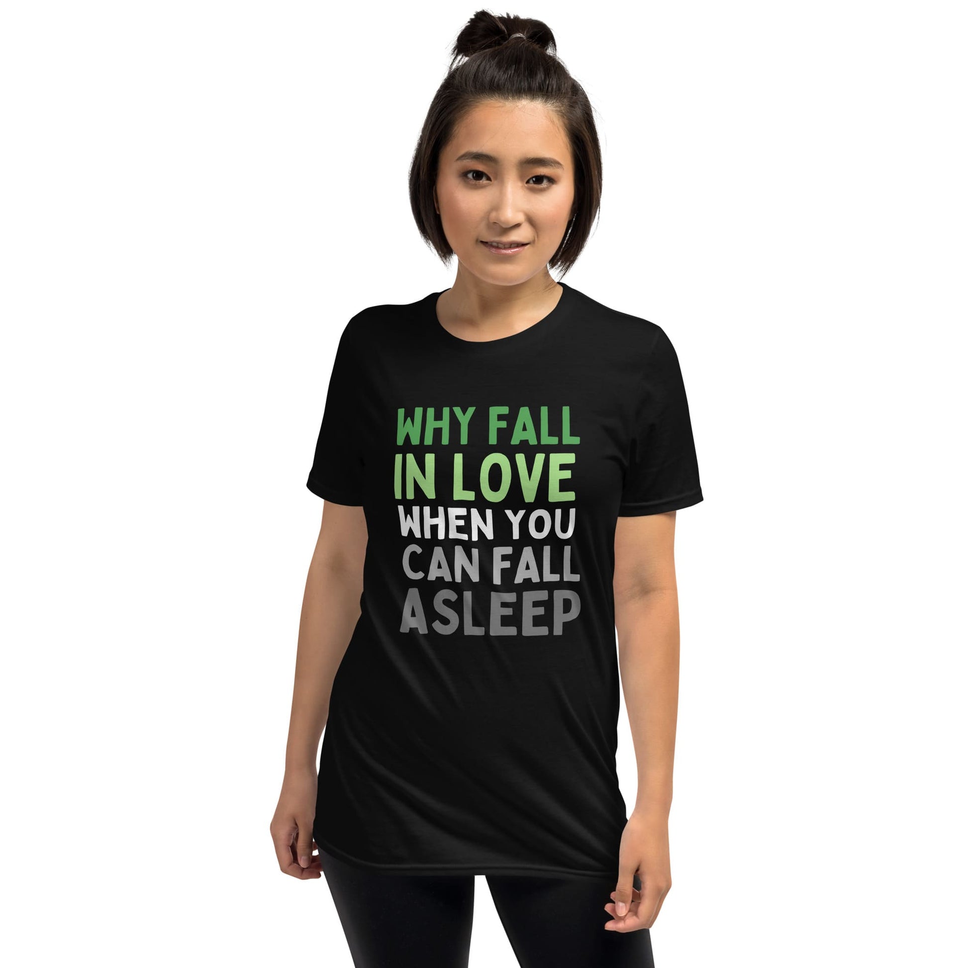 aromantic shirt, funny quote in aro pride colors, asian model