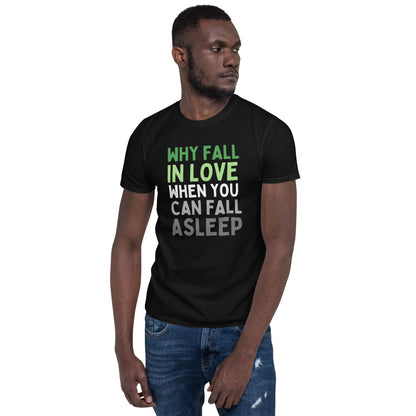 aromantic shirt, funny quote in aro pride colors, black model