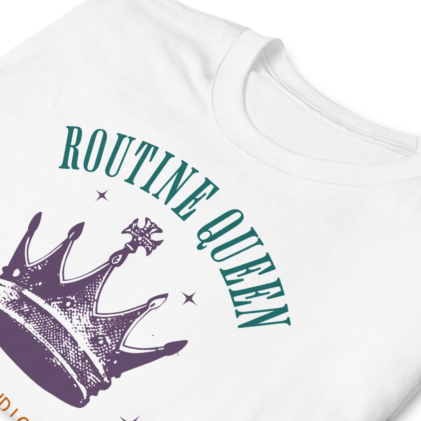 White t-shirt with 'Routine Queen' text and purple crown graphic on a white background: Funny Autistic Queen Shirt, I Like Routines and I Cannot Lie, Fun & Empowering Tee for Neurodivergent, Autism Pun T-Shirt For Neurospicy