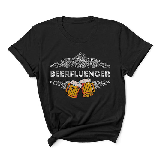 Black t-shirt with 'BEERFLUENCER' and beer mug graphics on a white background