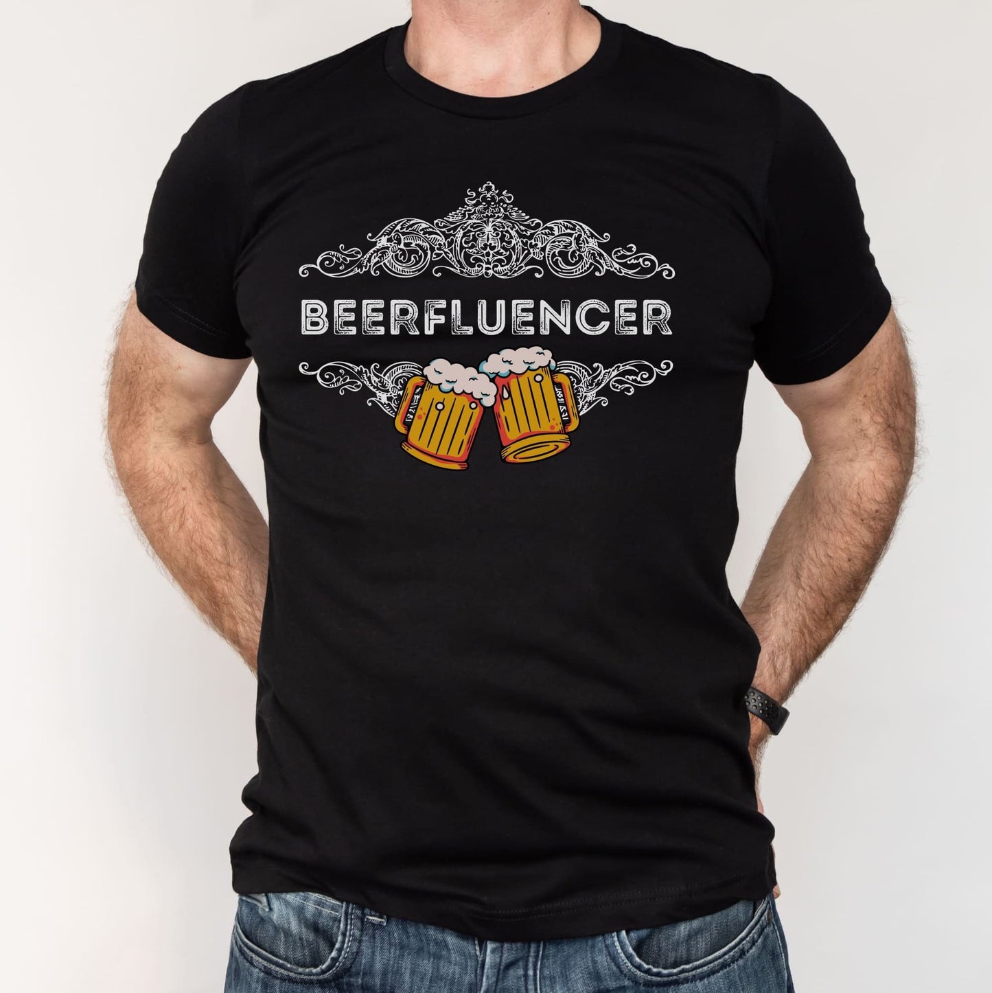 Black t-shirt with 'BEERFLUENCER' design featuring beer mugs on a white background