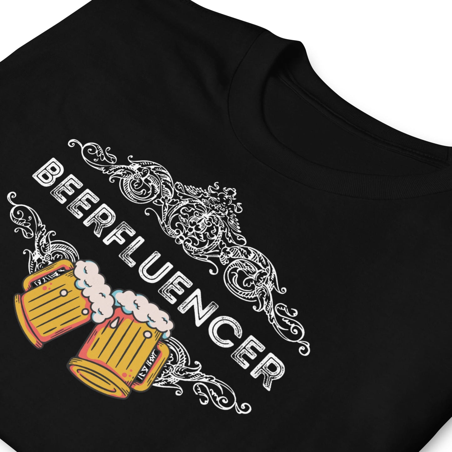 Black t-shirt with 'BEERFLUENCER' design featuring beer mugs and decorative elements.