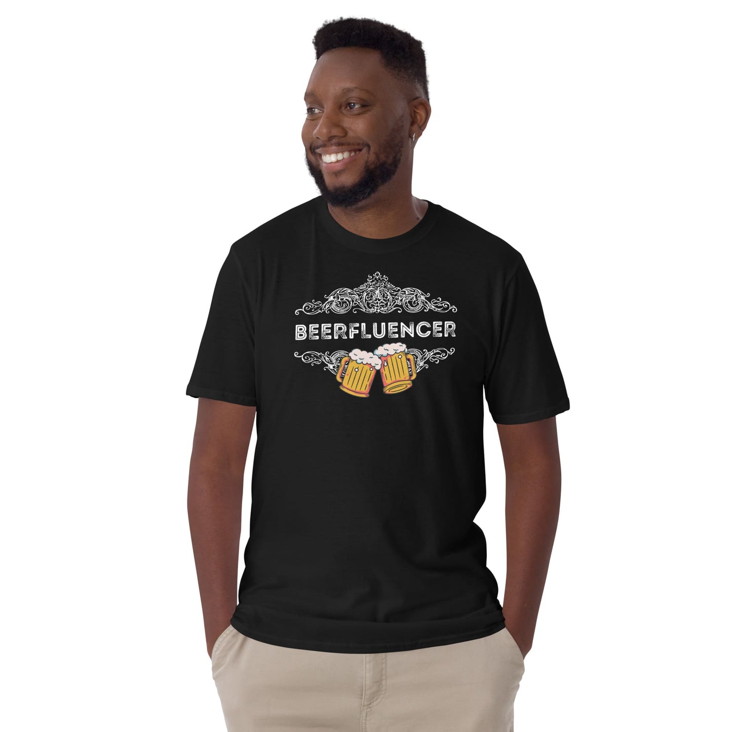 Man wearing a black t-shirt with 'BEERFLUENCER' design on a white background