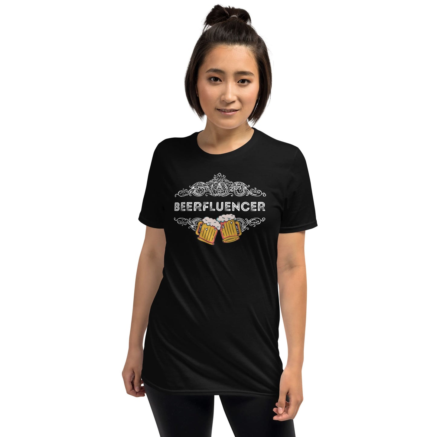 Person wearing a black t-shirt with 'BEERFLUENCER' design on a white background