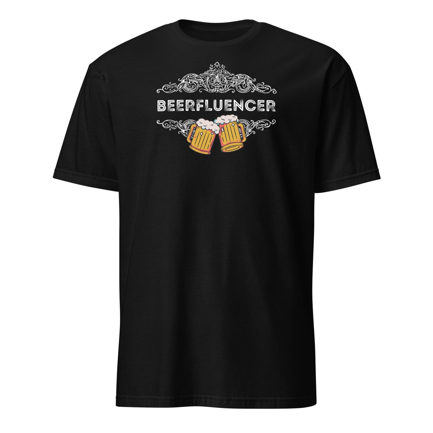 Black t-shirt with 'BEERFLUENCER' text and beer graphics on a white background