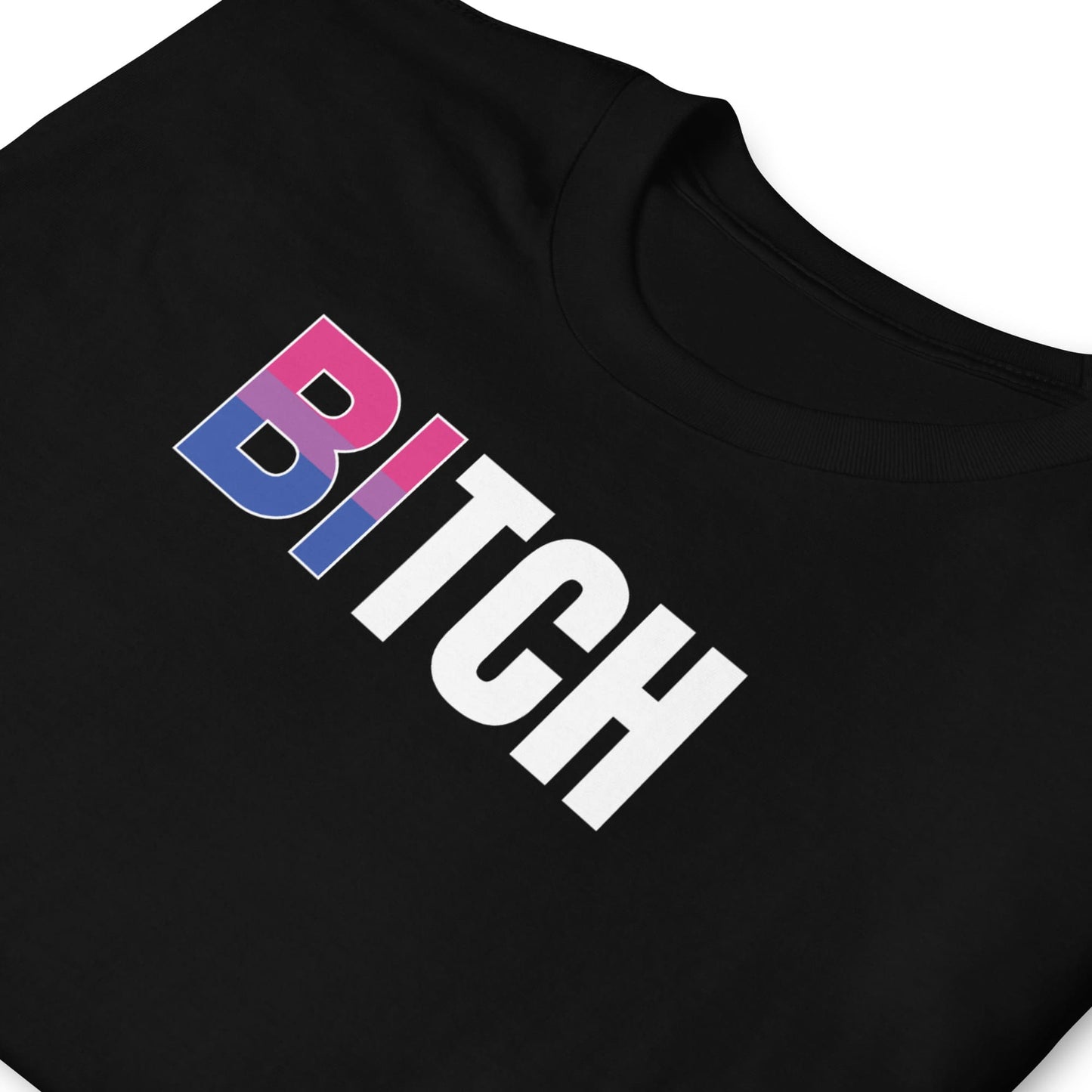 Black bisexual t-shirt with colorful text design on a white background