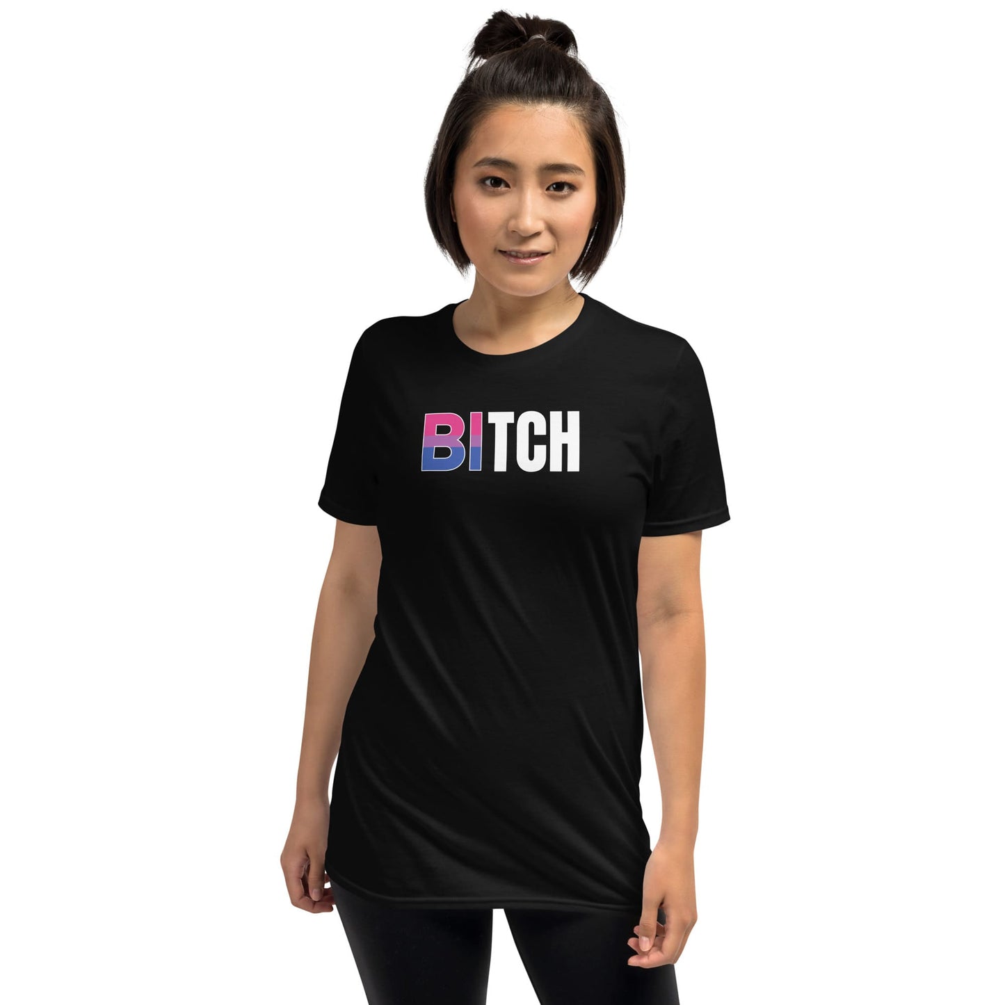 Person wearing a black t-shirt with bisexual flag text on a white background