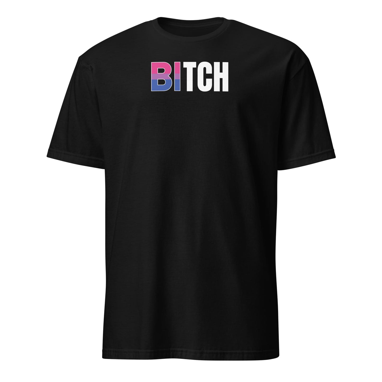 Black t-shirt with bitch in bisexual flag colors on a white background