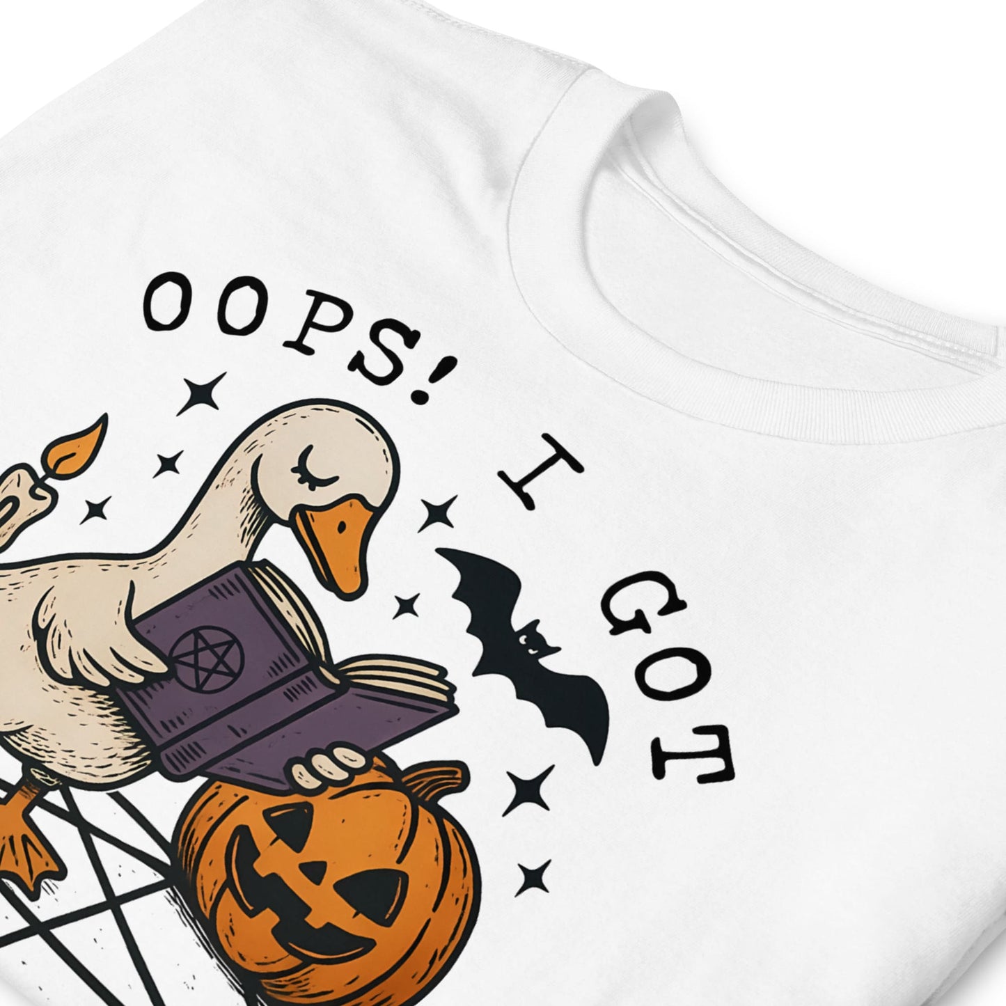 White t-shirt with Halloween-themed design featuring a duck, pumpkin, and bat: Funny Bookish Goose Shirt, Spooky Season Book Tee, Fall Library T-Shirt, Reading Gift For Halloween Lover Cute Trick Or Treat Teacher Outfit