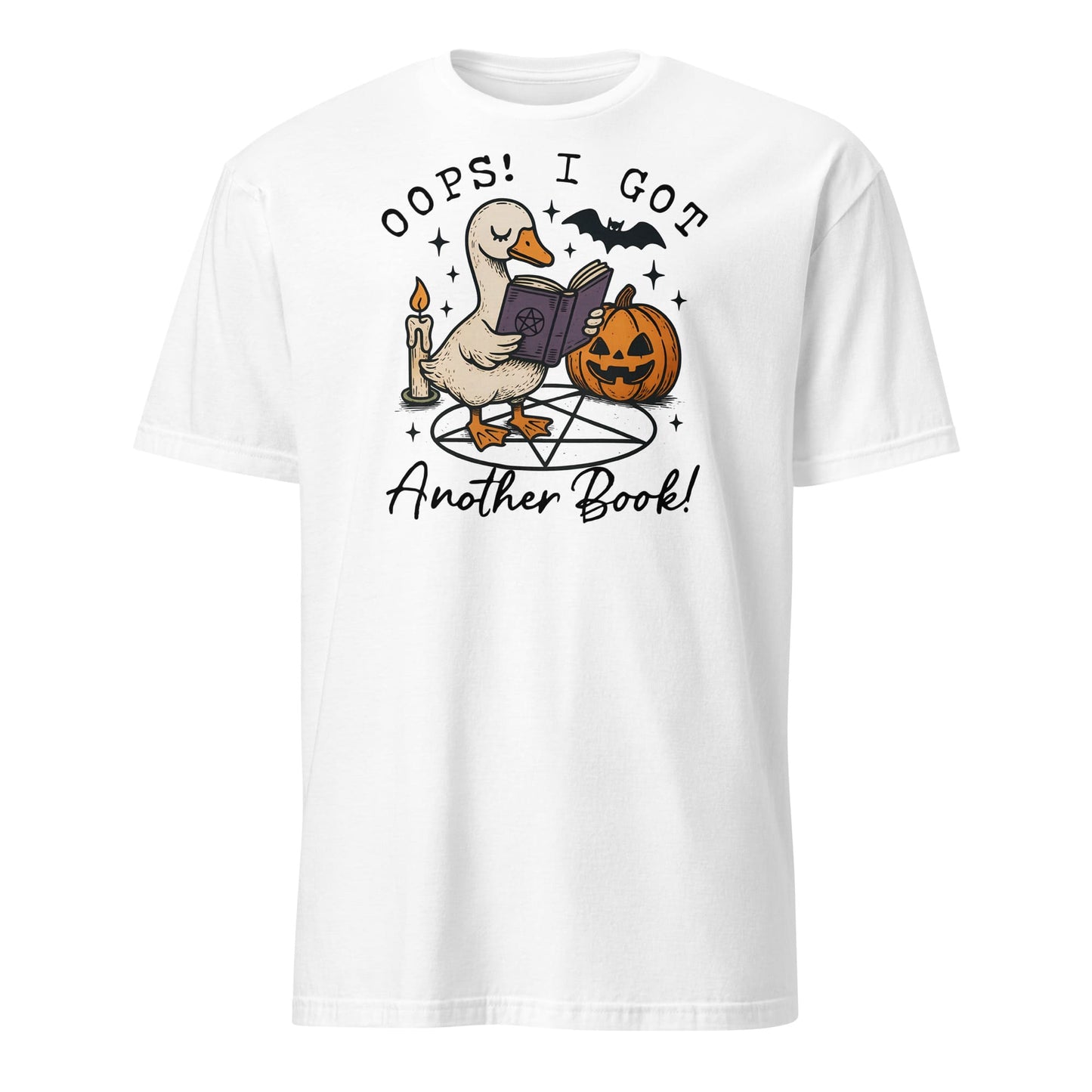 White t-shirt with a graphic of a duck, pumpkin, and book with text 'Oops! I got another book!' on a white background: Funny Bookish Goose Shirt, Spooky Season Book Tee, Fall Library T-Shirt, Reading Gift For Halloween Lover Cute Trick Or Treat Teacher Outfit