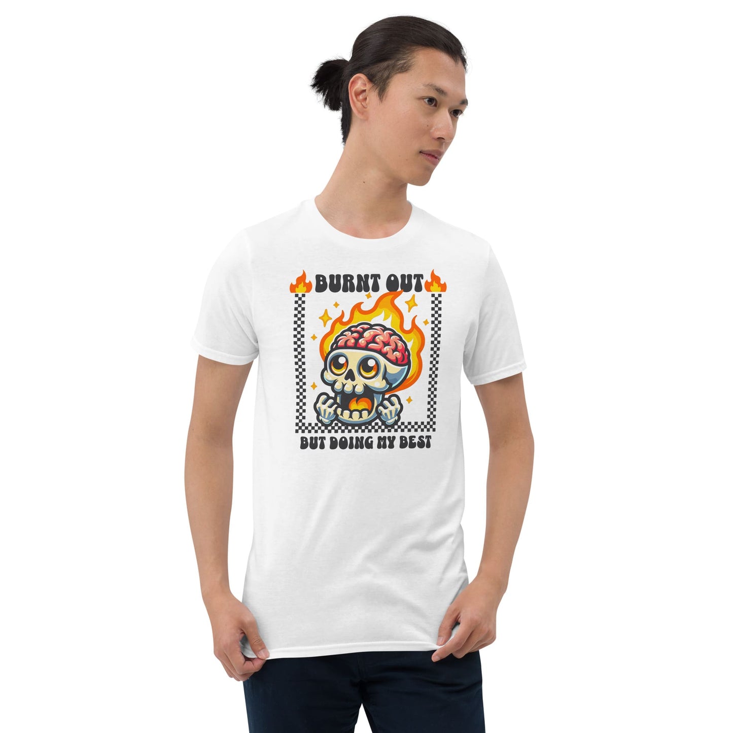 Person wearing a white t-shirt with a graphic design featuring a skull and flames: Funny Mental Health Shirt, Burnout Tee, Retro Neurodivergent T-Shirt, Cute Skull Gift For Autism Warrior, Overstimulated Shirt For Depressed