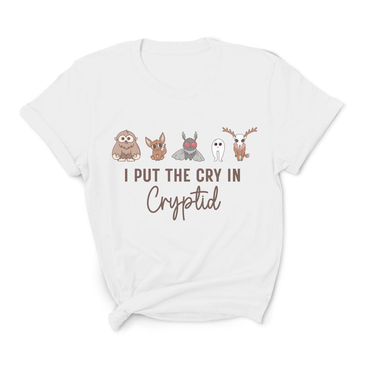 White t-shirt with cryptid creature illustrations and text on a white background: Funny Cryptid Mental Health Awareness Comfort Colors Shirt, Cute Cryptidcore Neurodivergent Tee, Kawaii Cryptozoology Neurospicy T-Shirt