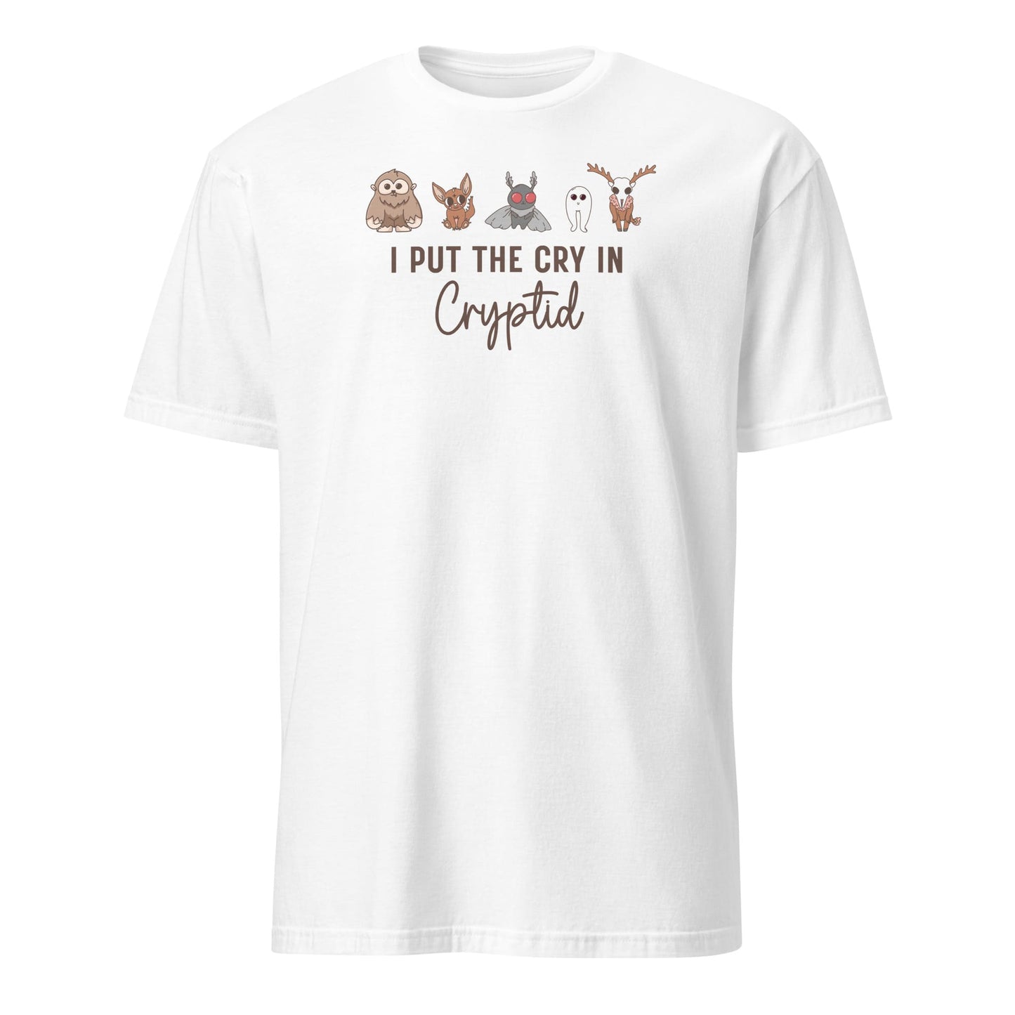 White t-shirt with cartoon animals and text on a white background: Funny Cryptid Mental Health Awareness Comfort Colors Shirt, Cute Cryptidcore Neurodivergent Tee, Kawaii Cryptozoology Neurospicy T-Shirt