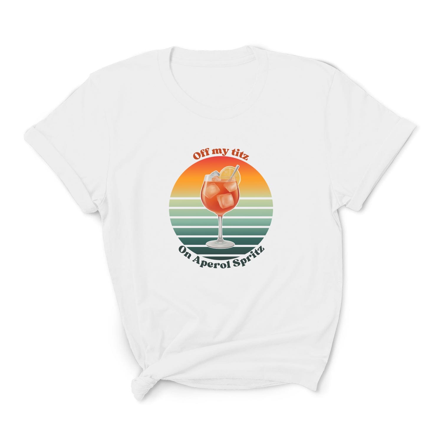 White t-shirt with a colorful graphic of a cocktail and text on a white background