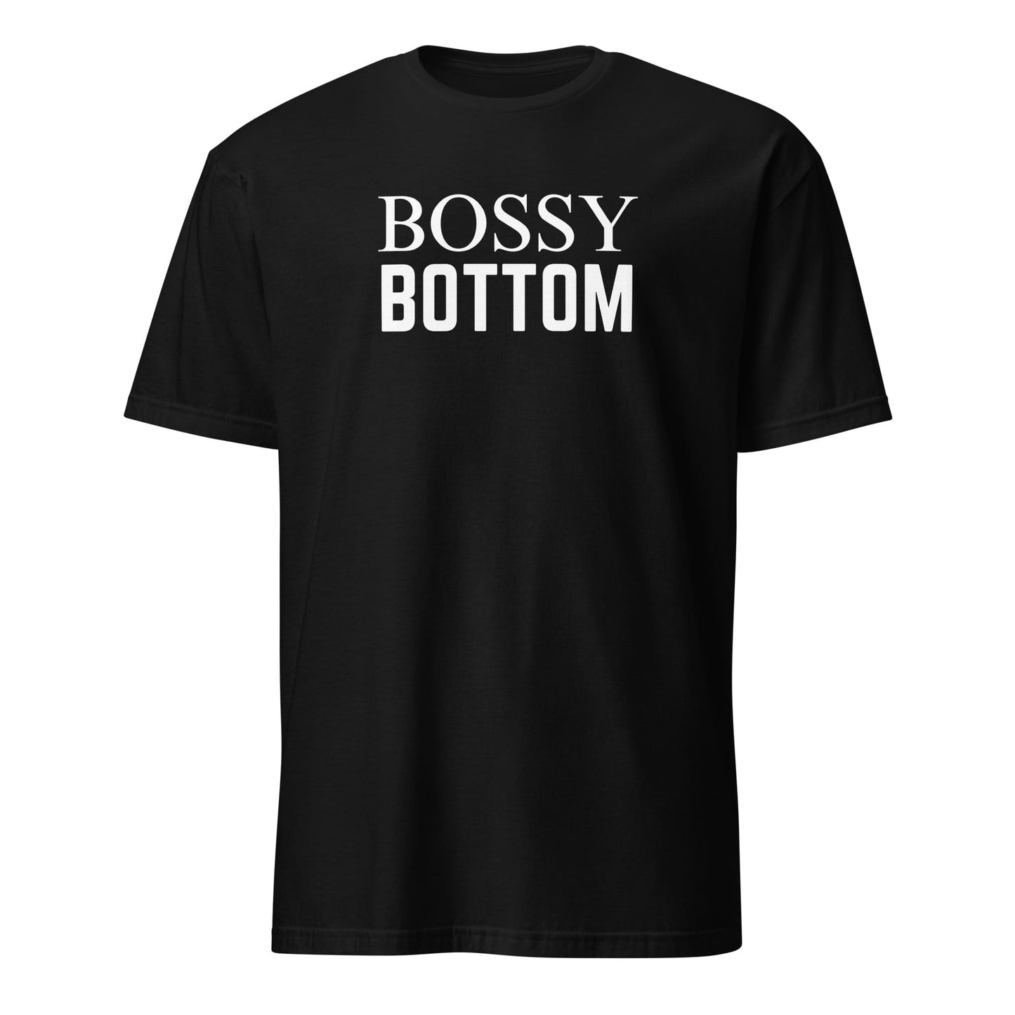 Queer black t-shirt with 'BOSSY BOTTOM' text on a white background