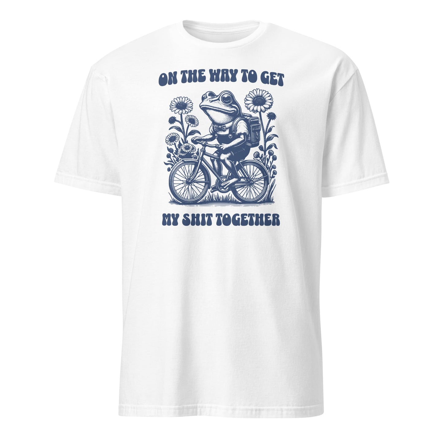 White t-shirt with blue graphic design featuring a frog on a bike and text: Funny Neurodivergent Shirt, ADHD AuDHD Tee, Mental Health T-Shirt, Vintage Frog, Sarcastic Adult Humor, On The Way To Get My Shit Together