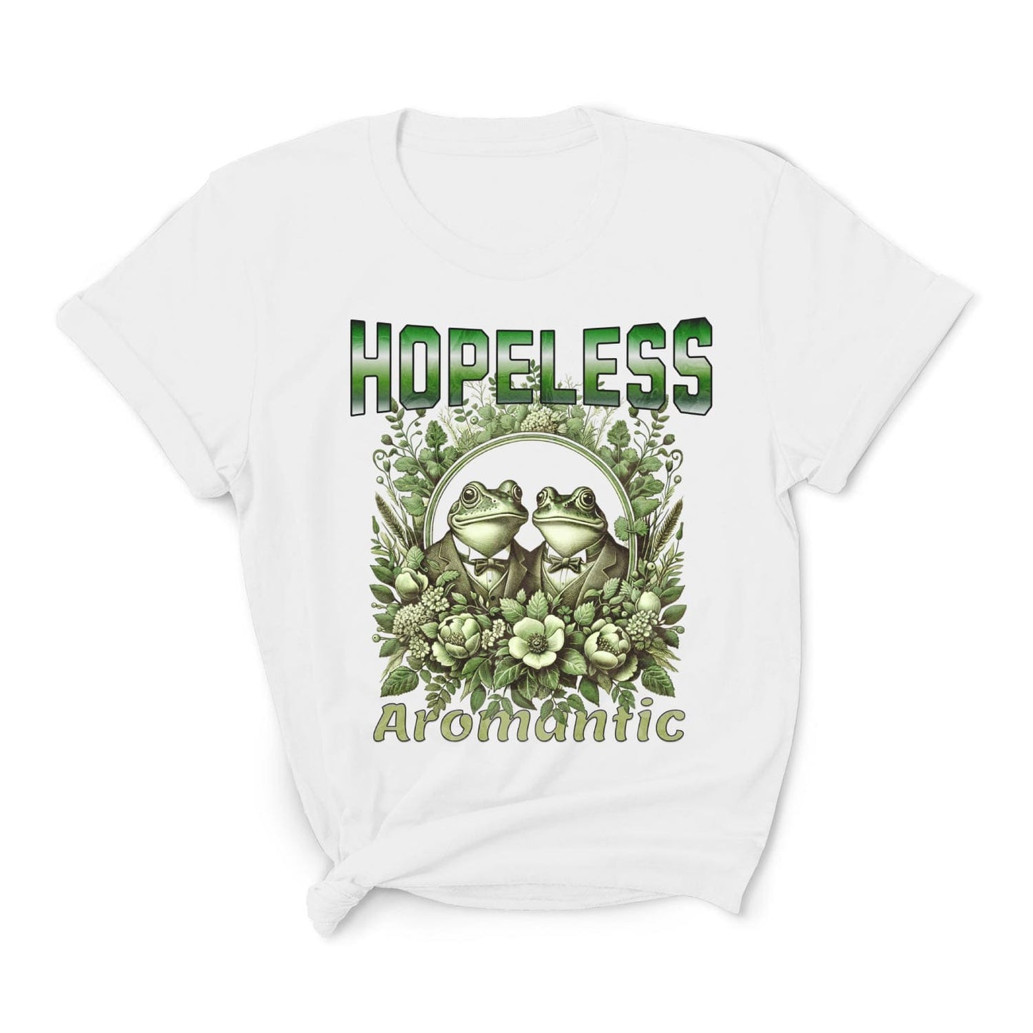 White aromantic t-shirt with green frog design and text on a white background