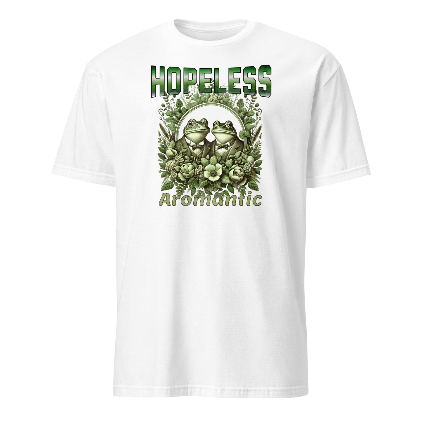 White t-shirt with green frogs and text 'Hopeless Aromantic' on a white background