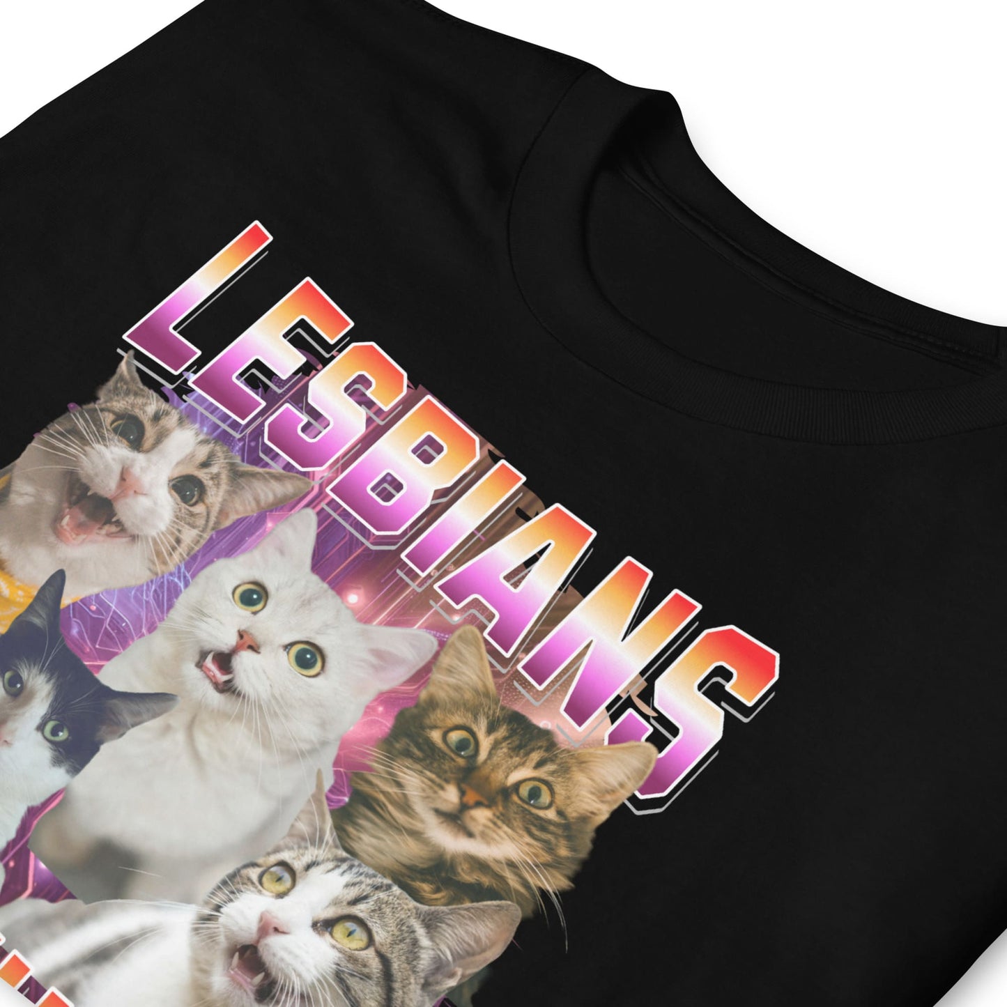 Black bootleg t-shirt with cats and colorful 'LESBIANS EAT WHAT' text on a white background