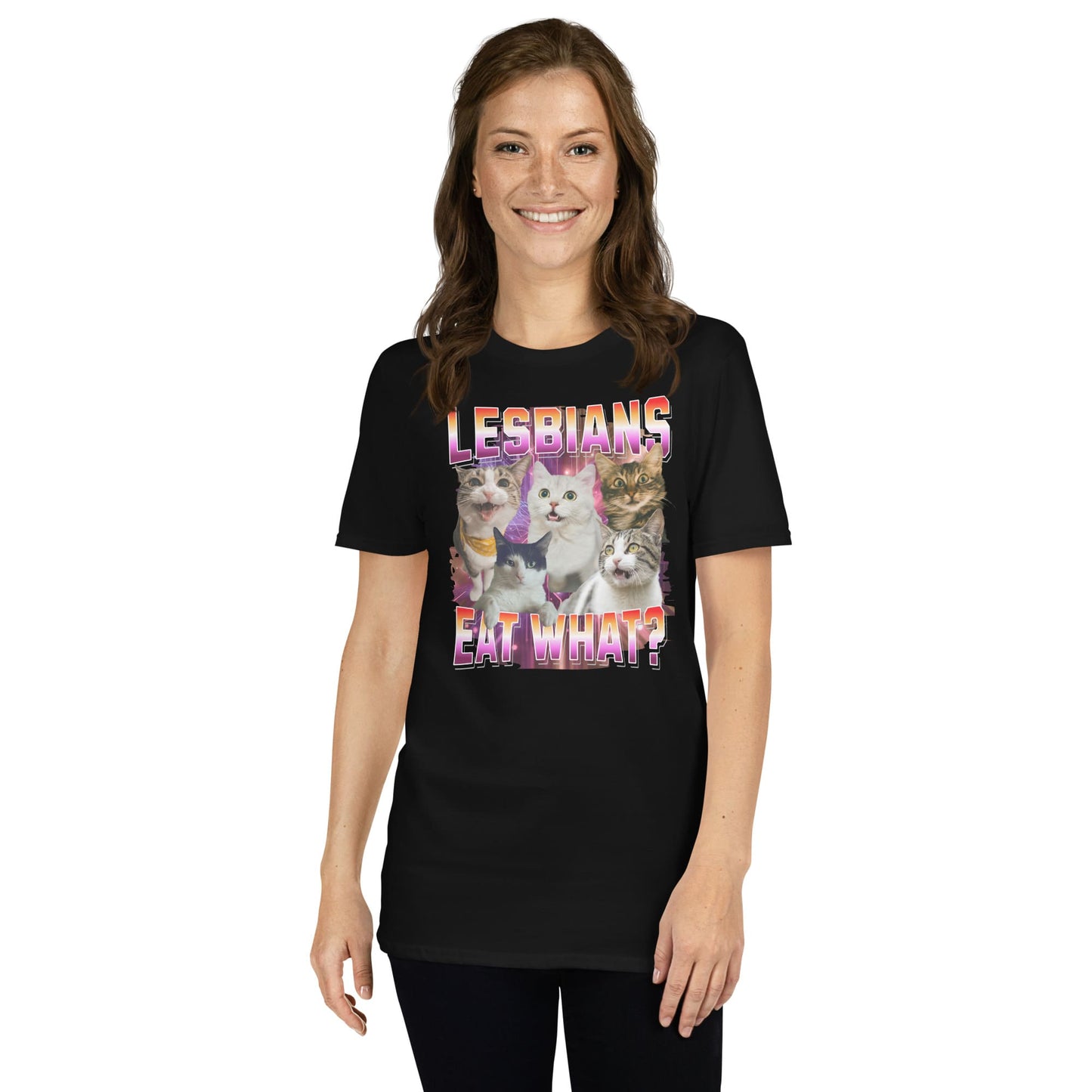Person wearing a black funny lesbian t-shirt with a graphic design and text.