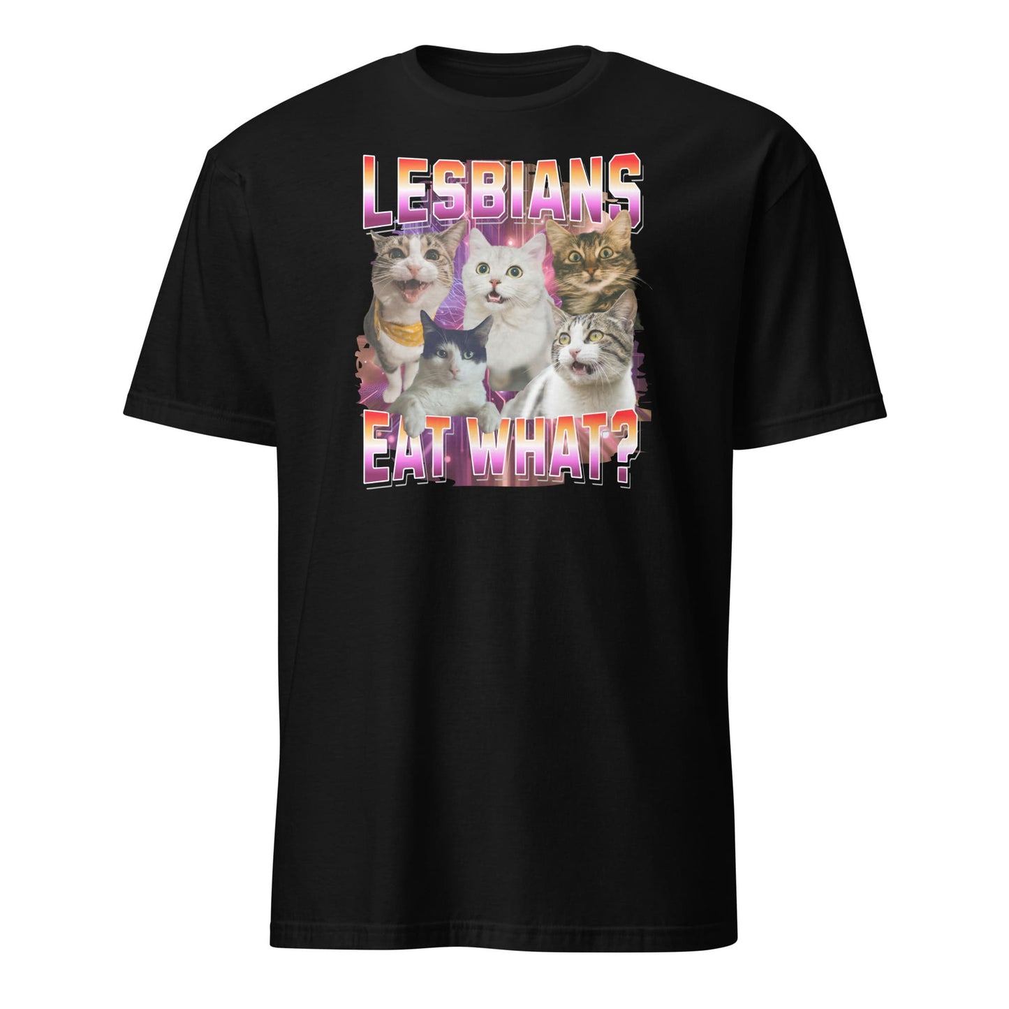 Black t-shirt with a graphic of cats and text 'LESBIANS EAT WHAT?' on a white background