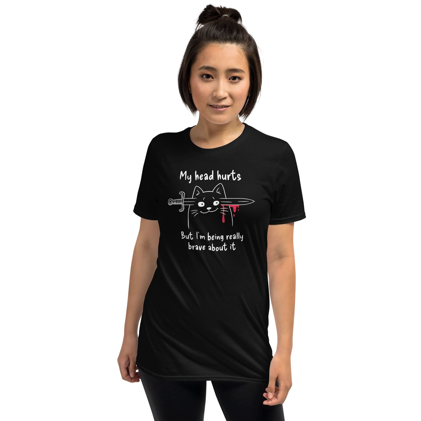 Person wearing a black t-shirt with a graphic and text on a white background: My Head Hurts Shirt, Headache Tee, Chronic Migraine Warrior, Morbid Cat Meme, Funny Spoonie Gift, Mental Illness T-Shirt, Dark Humor
